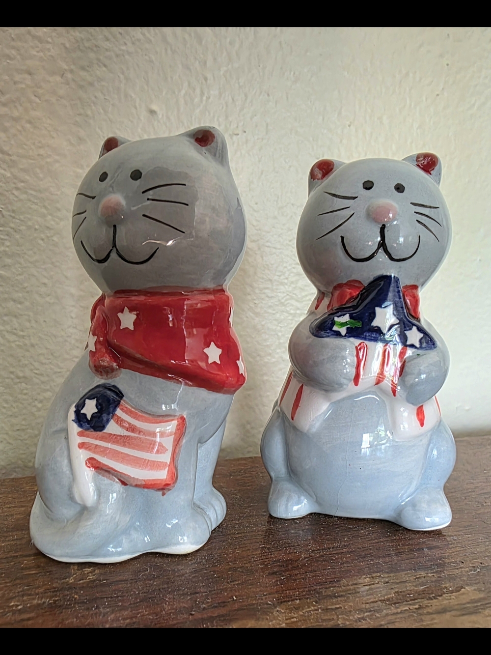 Patriotic Grey Cat Salt & Pepper Shaker Set Collectible